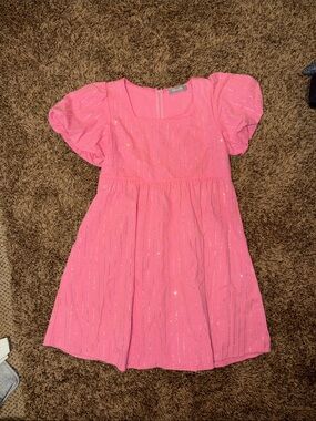 Sparkle Stripe Puff-Sleeve Pink Formal Dress